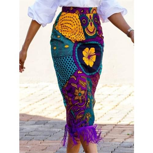 Women Summer Print Skirt Vintage Floral African Fashion High Waist Tassel Classy Modest Elegant Retro Jupes Falads Drop Shipping