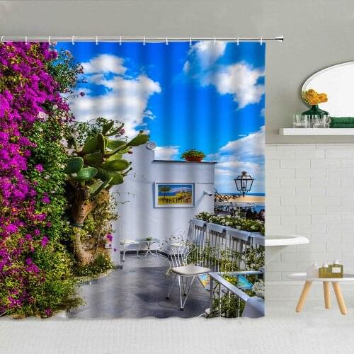 European Style Street View Shower Curtain Flowers Green Plants Fabric High Quality Bathroom Supplies With Hooks Cloth Curtains
