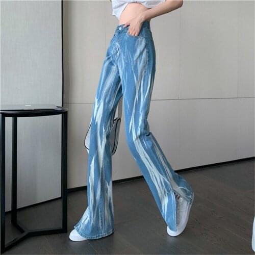 Vintage Y2K High Waist Tie Dye Jeans Pants For Women Summer Office Lady Side Split Denim Trousers Wide Leg Pants Jean P146