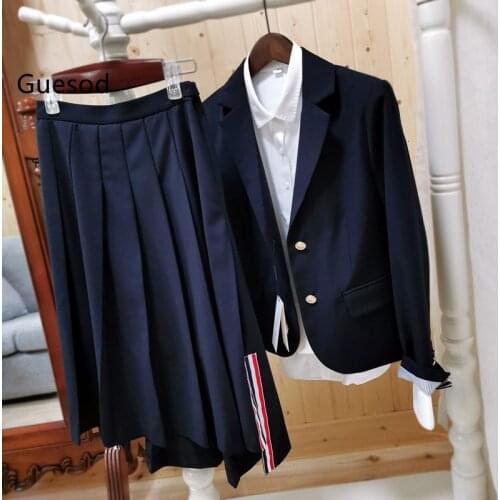 Women Skirt Suit Slim High Quality Grey Set Blazer+Pleated Skirt Autumn 2021 New Arrive