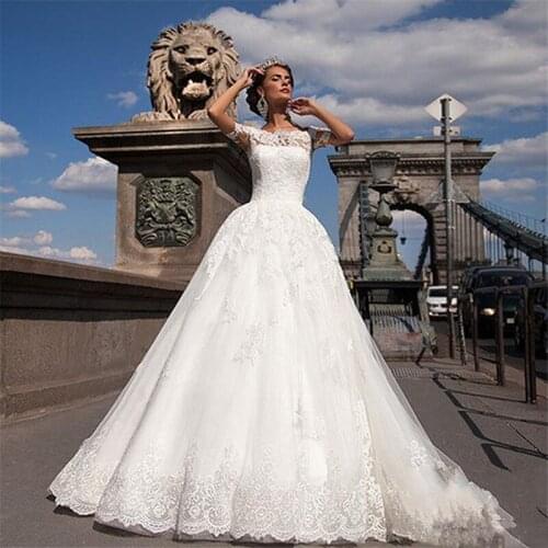 Wedding Dresses 2019 vestidos de novia Lace Short Sleeve Boat Neck Chapel Train Ball Gown Floor-Length Lace Bridal Gowns