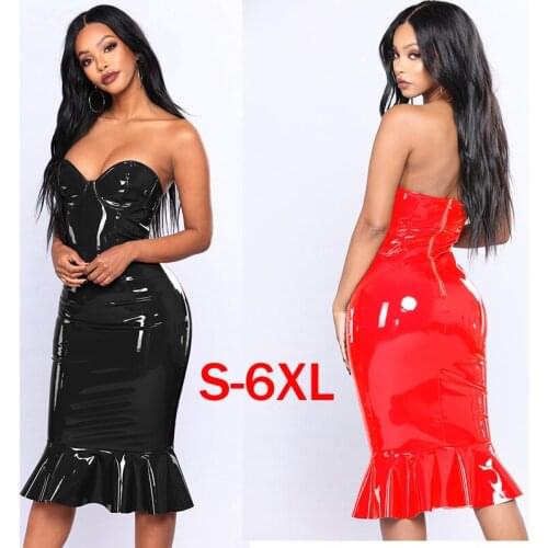 New Sexy Club Dress Red Black Straps Mermaid Ruffles Dress Shiny PVC Leather Bodycon Women Party Midi Dresses Size 4XL 5XL 6XL