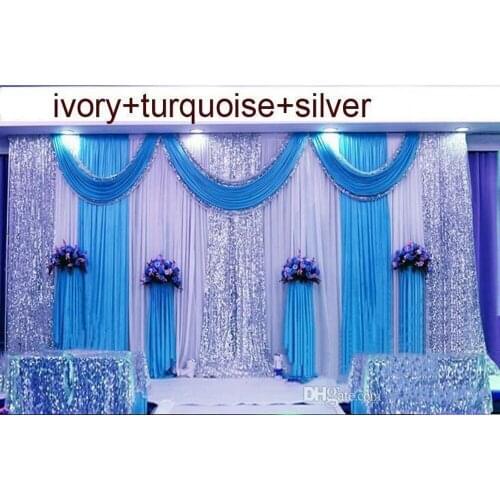 10ftX20ft ice silk Wedding Backdrop Swag Party Curtain with silver Sequin Fabric Drape Luxury Wedding Props Satin Drape curtain