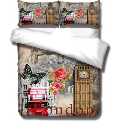 3D High Digital Printing Bedding Set England Retro Bell Tower Car Fashion Quilt Duvet Cover Pillowcases Kids Boys Adults Bedroom