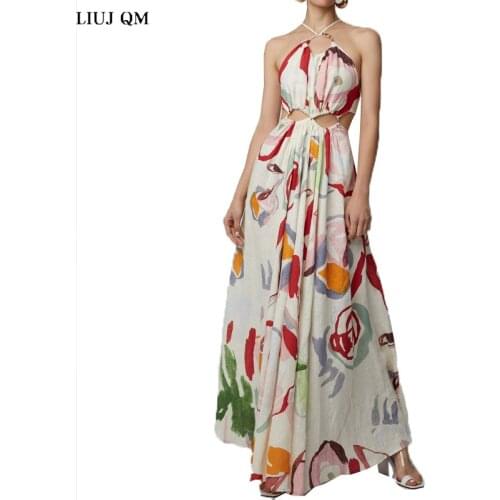 Hollow Chiffon Elegant Sexy Club Summer Floral Dress Woman Retro Halter Off Shoulder Women High Waist Ball Gown Maxi Dress Beach