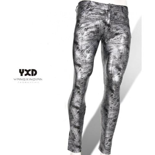 Customizable Men‘s Fashion Locomotive Leather Pants for Man Stretch Slim Fit Silver Printed Pencil Pants Male Skinny Moto Trouse