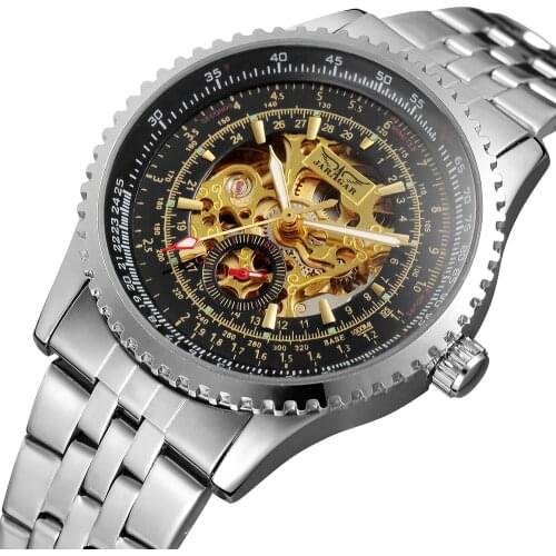 Jaragar Brand Military Auto Mechanical Clock Men Full Stainless Steel Golden Skeleton Dial Blue Mirror Case Classic Wrist Watch