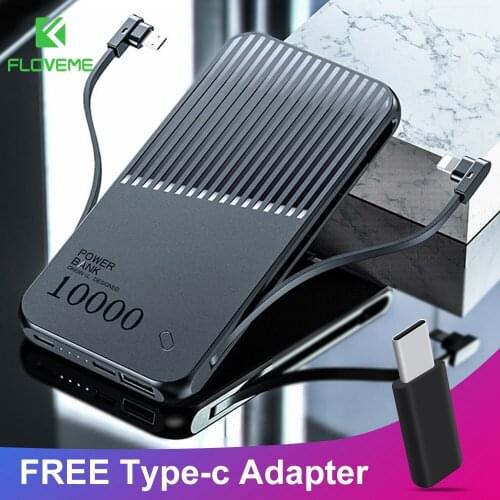 FLOVEME 10000mAh Power Bank With 1 FREE Type-c Adapter 2 Cable For iPhone Xiaomi Micro USB Dual Ports Powerbank External Battery