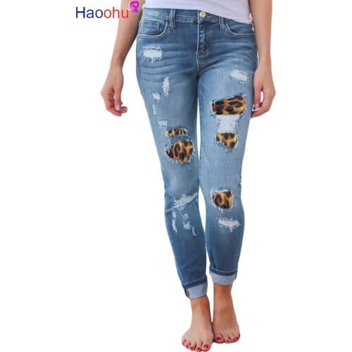 HAOOHU womens ripped leopard print jeans Fashion stretch Skinny denim pencil pants Street casual hipster jeans S-2XL