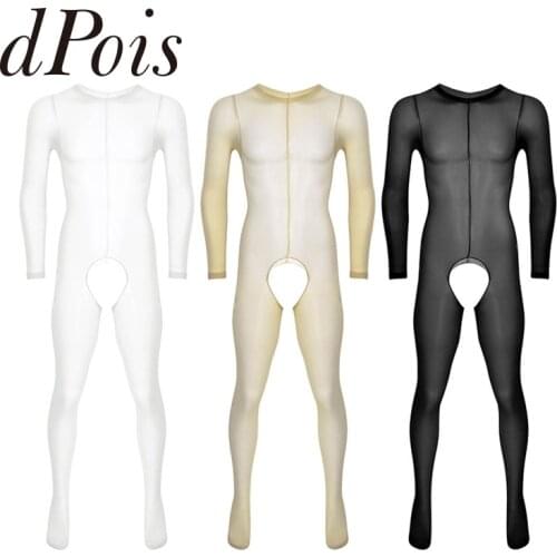 Mens See Through Sheer Long Sleeves Round Neck Crotchless Footed Stretchy Body Pantyhose Tights Full Body Stocking