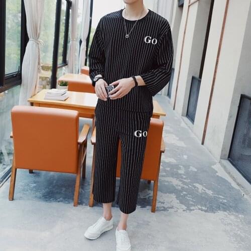 Drawstring Tracksuit Men 2 Piece Conjunto Masculino Casual Stripe Pattern Printed Loose Summer Sweatshirt Men Two Piece Set 2020