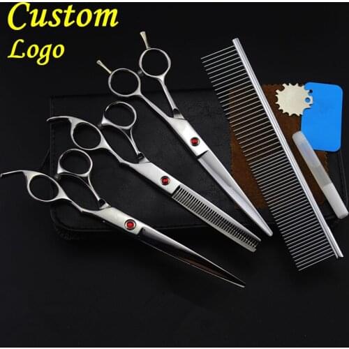 Custom 4 kits pet 7 inch shears dog grooming hair scissors set cutting thinning curved barber dogs clipper hairdressing scissors