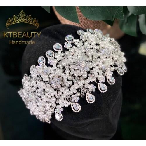 New Rhinestone Big Wide Tiara Zircon Stones Pearls Flexible Tiara Royal Bridal Wedding Dressing Crown Accessory Women Jewelry