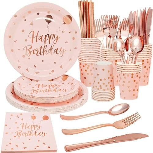 CYUAN Rose Gold Dot Disposable Tableware Happy Birthday Decorations Paper Plates Cup Baby Shower Kids Adult Birthday Party Decor