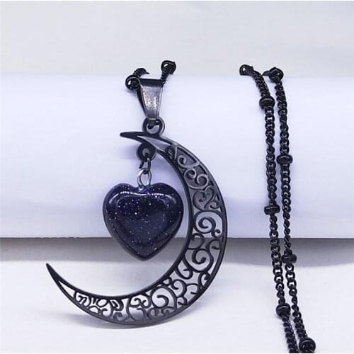 Black Color Stainless Steel Natural Stone Charm Necklace Women Moon Heart Necklace Jewelry acero inoxidable joyeria NXS03