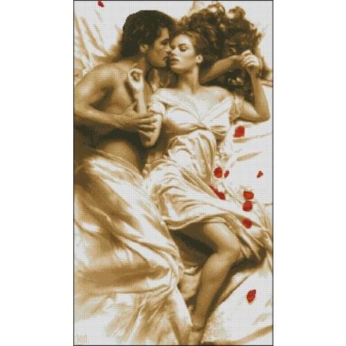 Romantic Nostalgic to Kiss Lover Couple on Bed Cross Stitch Kits Top Quality Embroidery Needlework DIY 14CT Unprinted Handmade