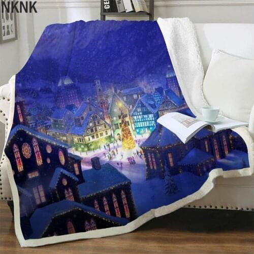 NKNK Christmas Blankets Houses Blankets For Beds Festival 3D Print Landscape Bedspread For Bed Sherpa Blanket Animal Premium