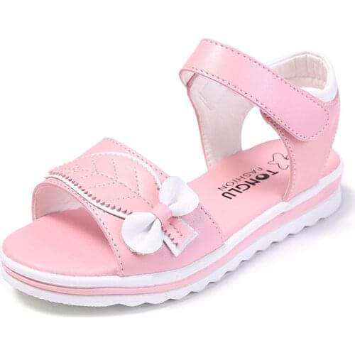 2020 Summer Fashion Kid Girl Pink White Bow Sandals Beach Princess Flat Shoes Baby Girl Non-slip Soft Bottom Roman Shoes