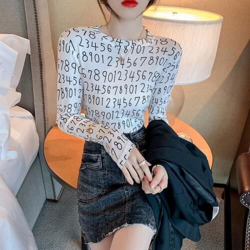 2021 Spring T Shirt Women T-Shirt Long Sleeve Korean Style Slim Basic Cotton Tshirt Casual Print Letter Top Womens Clothing