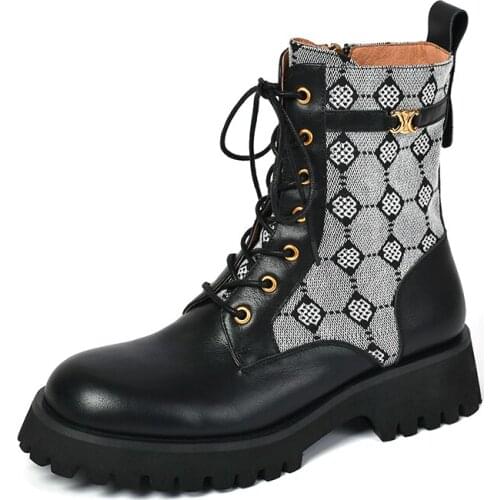 Side Zipper Gingham Women Retro Ankle Boots Lace Up Chunky Heels Platform 2021 Autumn Winter Ladies Classic Shoes Plus Size 40