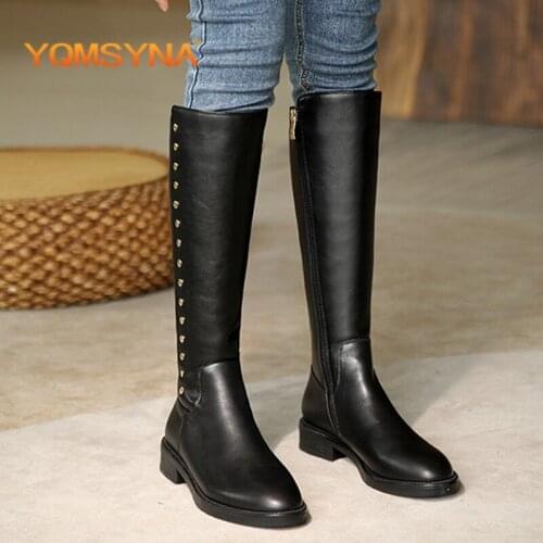 YQMSYNA Casual Women Boots Fashion Metal Rivets Low-heeled Office Lady Boots Genuine Leather Round Toe Winter Zipper Shoes AS348