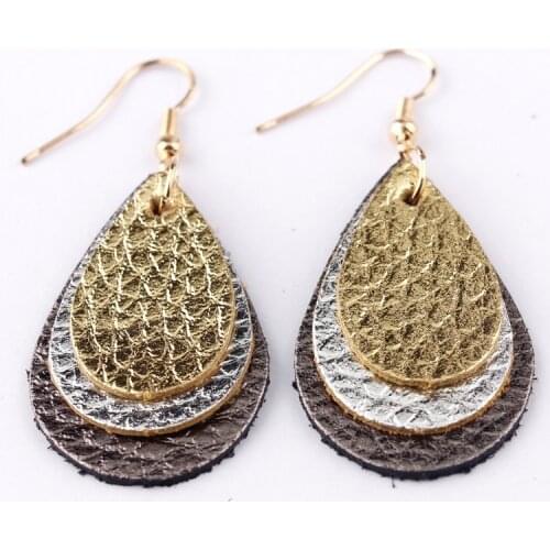 ZWPON 2019 3 Layered Teardrop Genuine Leather Earrings for Women Fashion Leather Teardrop Earrings Valentines Day Present