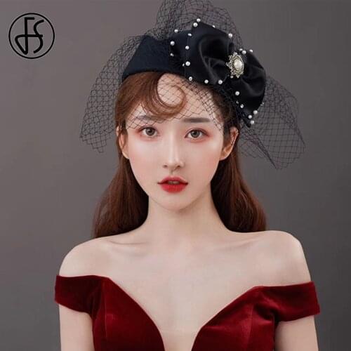 FS Black Wool Felt Beret Fascinator Wedding Top Hat Cap Female Beads Fedora Church Party Dress Derby Hats With Veils Bowknot