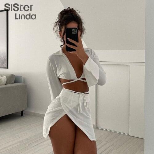 Casual Elegant Women 2 Piece Set Long Sleeve Sexy V Neck Cross Bandage Tops+Side Split Zipper Skirts Party Slim Matching Outfits