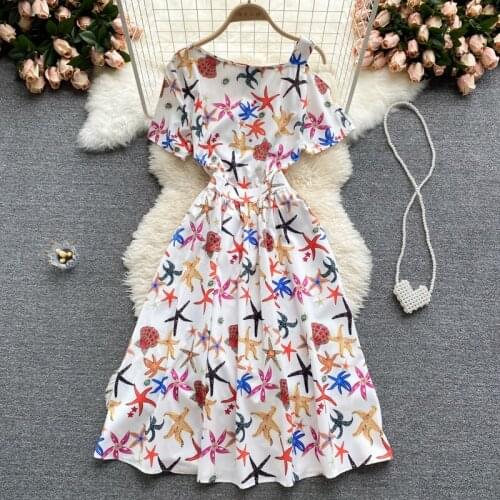 Europe Style New Fashion Summer Women Off Shoulder Short Sleeve Vintage Print A Line Dress Ladies Party Dresses Vestido