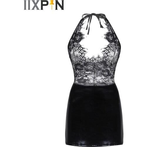 2021 Women Sexy See Through Lace Lingerie Set Imitation PU Leather Sexy Nightclub Uniform Temptation Dress Bodycon with G-String