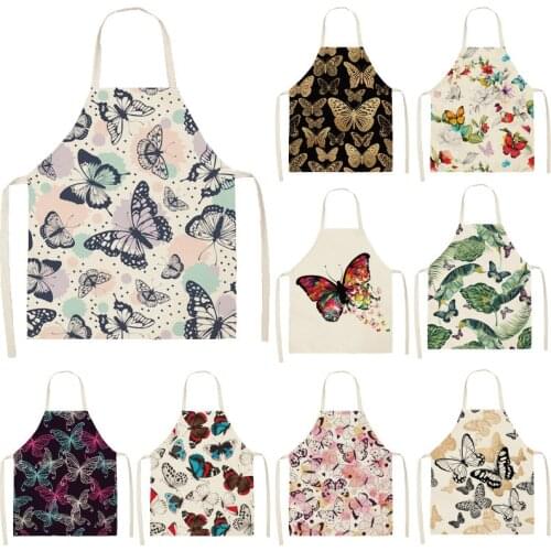 1pcs Butterfly Sleeveless Apron Cotton Linen Flower Printed Kitchen Pinafore Women Home Cooking Baking Waist Bib 53*65cm WQL0147