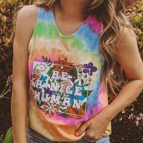 2021 Summer Floral Letter Print Casual T-shirt Women Sleeveless Tie-dye Loose Tops