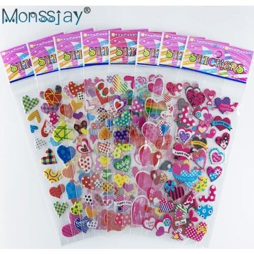 8 Sheets/set Love Heart Shape 3D Stickers For Kids Girls Beautiful Kawaii DIY Puffy Bubble Stickers Laptop Bedroom Decoration