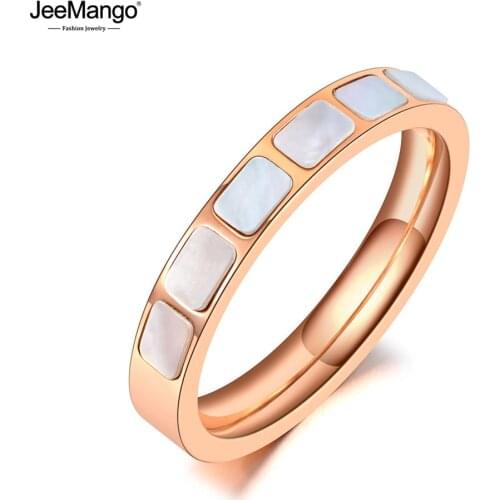 JeeMango Original Design Trendy Stainless Steel Wedding Rings For Women Girls Rose Gold Shell CZ Crystal Party Jewelry JR20009