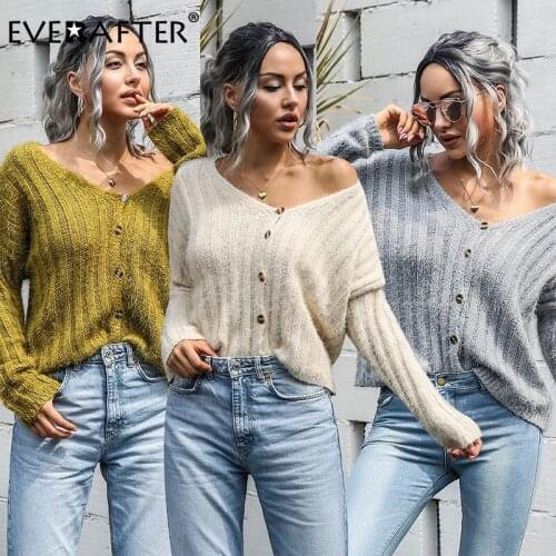 EVERAFTER Sexy V-neck striped solid cardigan women elegant knitted tops long sleeve female autumn winter casual cardigan 2020