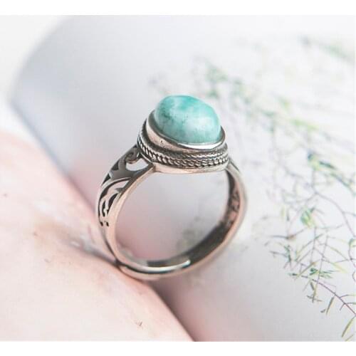 Natural Genuine Larimar Crystal Stone Women Charm Adjustable Size Stering Sliver Ring 10*6mm Just One