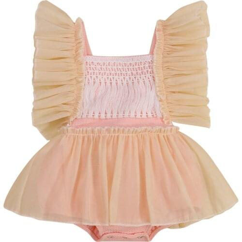 Summer Baby Girl Yarn Ruffled-Sleeve Bodysuit Dress Sweet Solid Color Square Neck Backless Tie Up Pleated Jumpsuit for 0-24M