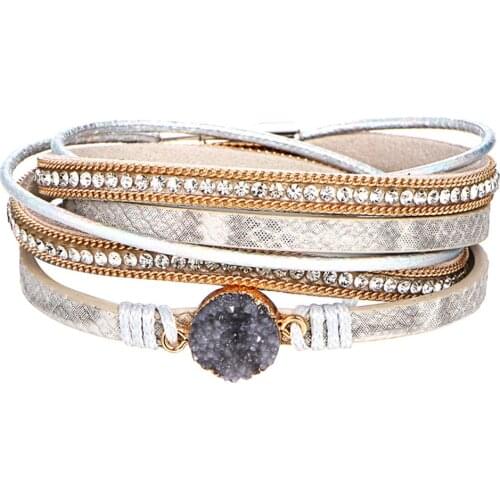 Multi-Layer Handmade Faux Leather Bracelet Shiny Rhinestone Cuff Bangle Jewelry hot