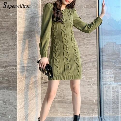 Fashion Pencil Sweater Dress chic autumn winter workwear Long Sleeve knitted Woman Dresses Short Mini O Neck robe