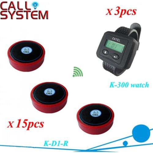 Wrist display call waiting caller waitress of 3pcs number pager and 15pcs table buttons 433.92mhz
