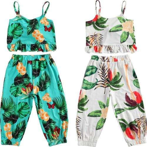 New 2 Pcs Toddler Plant Print Outfits Baby Girl Sleeveless Ruffle Tank Top with Spaghetti Strap + Trousers