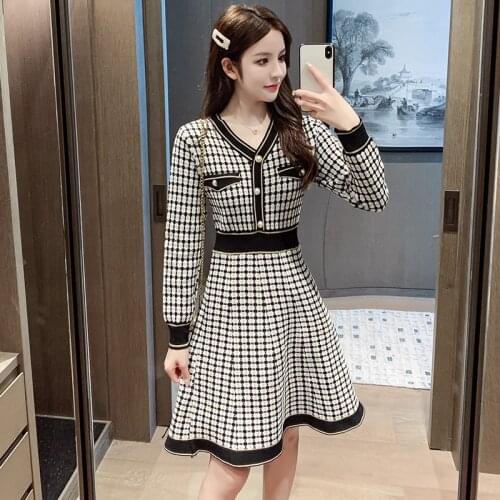 2020 Autumn Winter Womens Plaid Knitting Dress High Waist New Elegant Fashion Sweater Dress Long Sleeve Mini Dresses