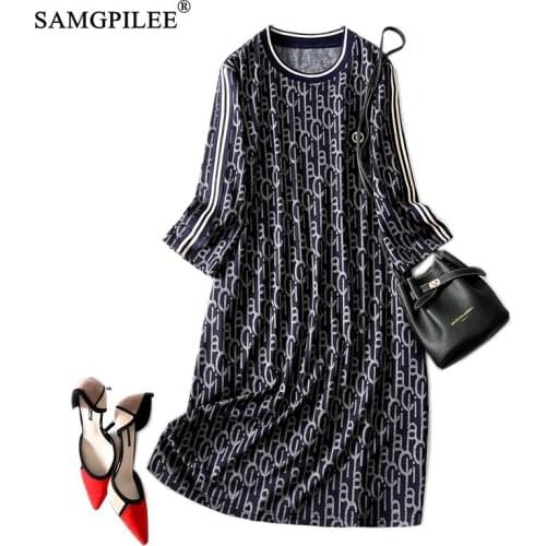 Dresses For Women 2021 New Korean Style Retro Letter Pattern Three Quarter Sleeve Stretch A Line Autumn Casual Womens Dress 4XL