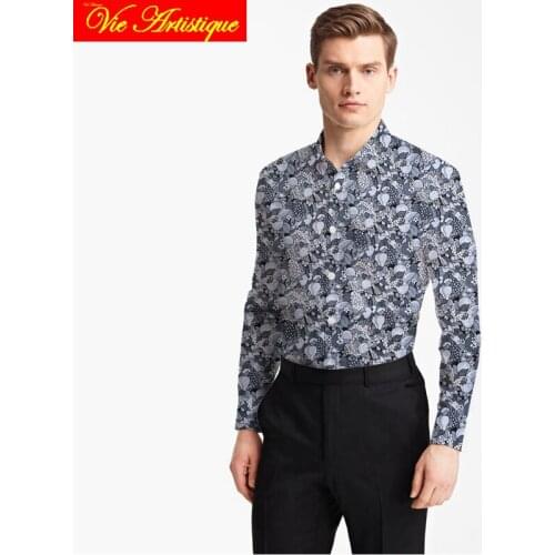 Custom tailor made Mens bespoke cotton floral shirts business formal wedding ware blouse white print grey pear flower fashion