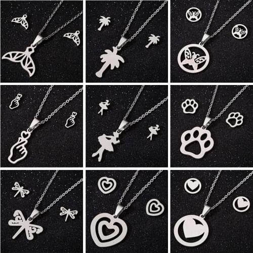 Sasusp Stainless Steel Whale Paw Pendant Necklace Heart Butterfly Jewelry Women Ballet Necklace Set Daughter Birthday Gift