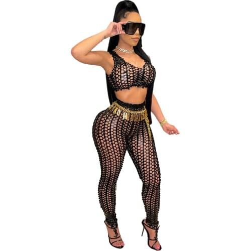 Sexy Outfits for Woman Night Club O Collar Sleeveless Crop Tank Top Set Long Pencil Pants Hole Mesh Teo Piece Set Women Summer