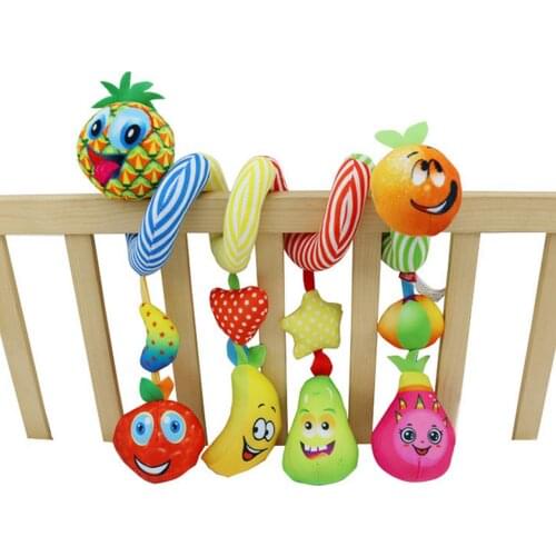 Cute Fruit Shape Baby Pram Crib Hanging Spiral Plush Toy with Music Box Rattle Crinkle Paper Squeakers Activitie Car for Newborn