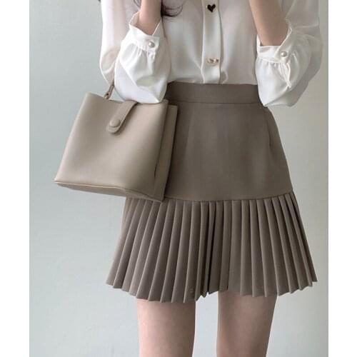 LJSXLS New High Waist Pleated Skirt Women Summer Solid A-Line All-match Mini Skirts Womens Casual Korean Khaki Skirt Female 2021