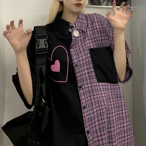 Deeptown Harajuku Short Sleeve Blouse Women Heart Print Plaid Shirt Splice Paired Clothes Summer Designer Korean 2021 Vintage