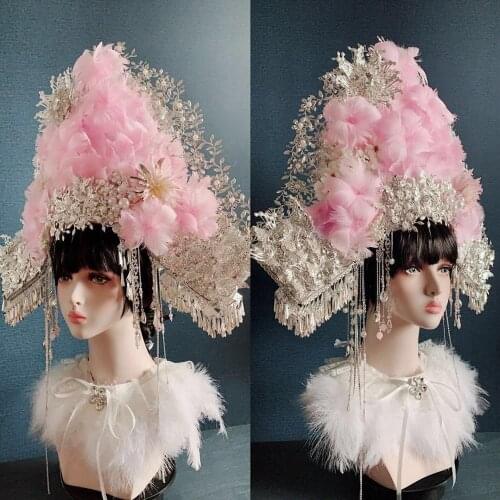 By EMS Exaggerated feather hats for women Stage Show Model head accessories beautiful queen hats wedding party bride cap